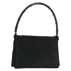GUCCI Bamboo Tote Bag Suede Black Silver Auth